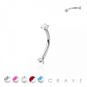 INTERNALLY THREADED COLOR CZ PRONG SET 316L SURGICAL STEEL EYEBROW/ CURVED BARBELL